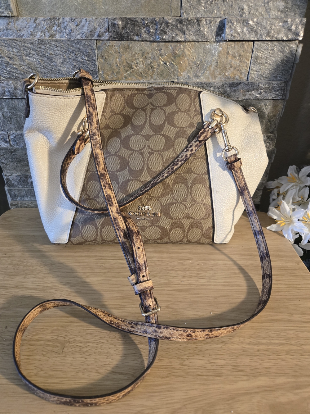 Coach Brown Signature Canvas Tote with White Trim - Picture 2 of 4